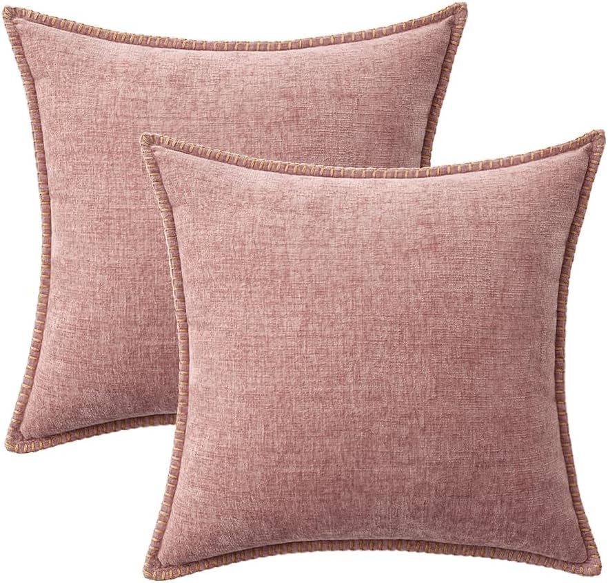 MIULEE Pack of 2 Couch Throw Pillow Covers 16x16 Inch Blush Pink Farmhouse Decorative Pillow Covers with Stitched Edge Soft Chenille Solid Dyed Spring Pillow Covers for Sofa Bed Living Room