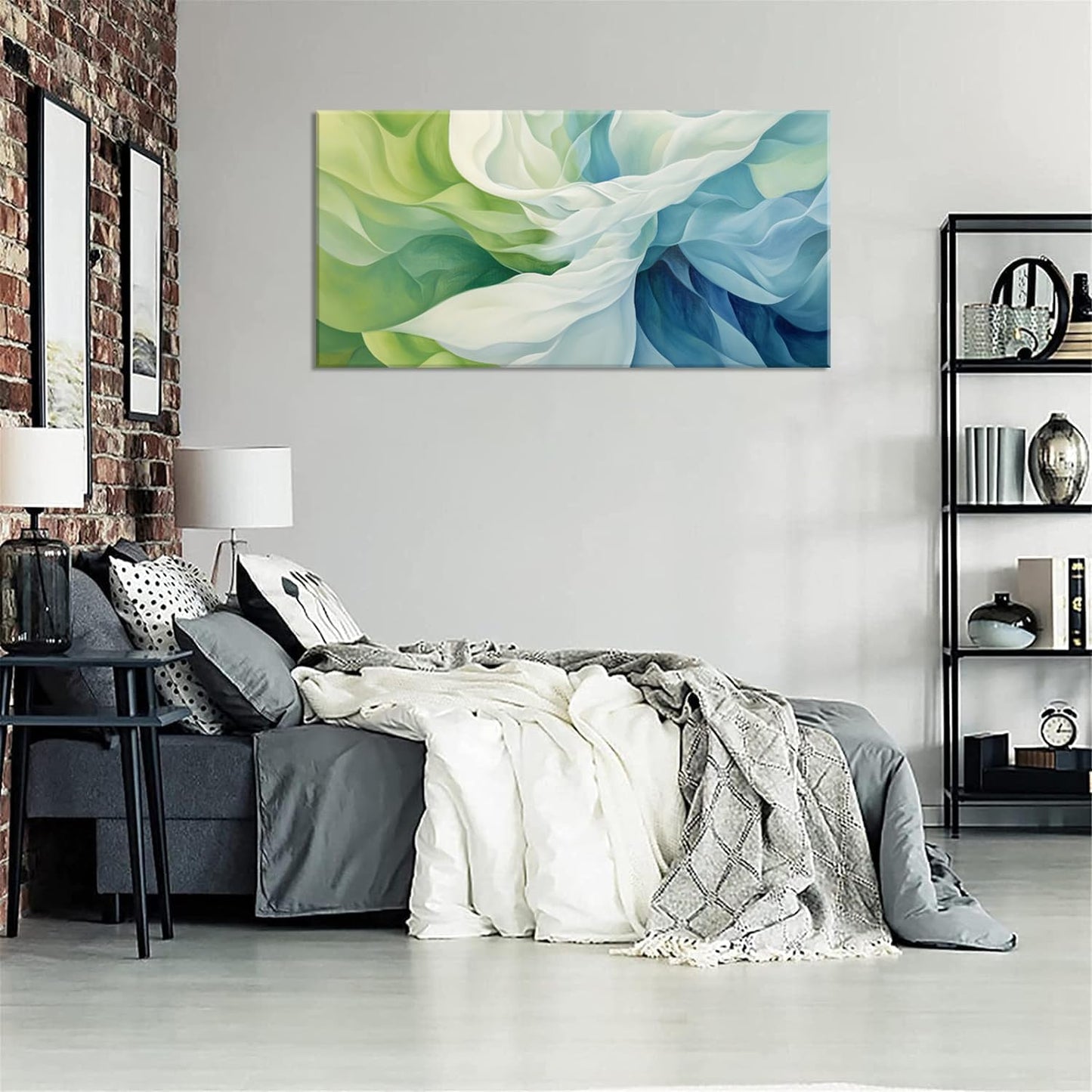 LASMOND Abstract Lines Wall Art for Living Room Canvas Prints Aqua Turquoise Blue Green Artwork Paintings Decor Bedroom Office Girl Woman (40x20 Inches)