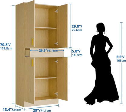 Cozy Castle Pantry Cabinet, 71" Tall Kitchen Storage Cabinet with Doors and Shelves, Freestanding Wood Cupboard Utility Hutch with Drawer for Dining Room Living Room Bathroom Furniture, Oak