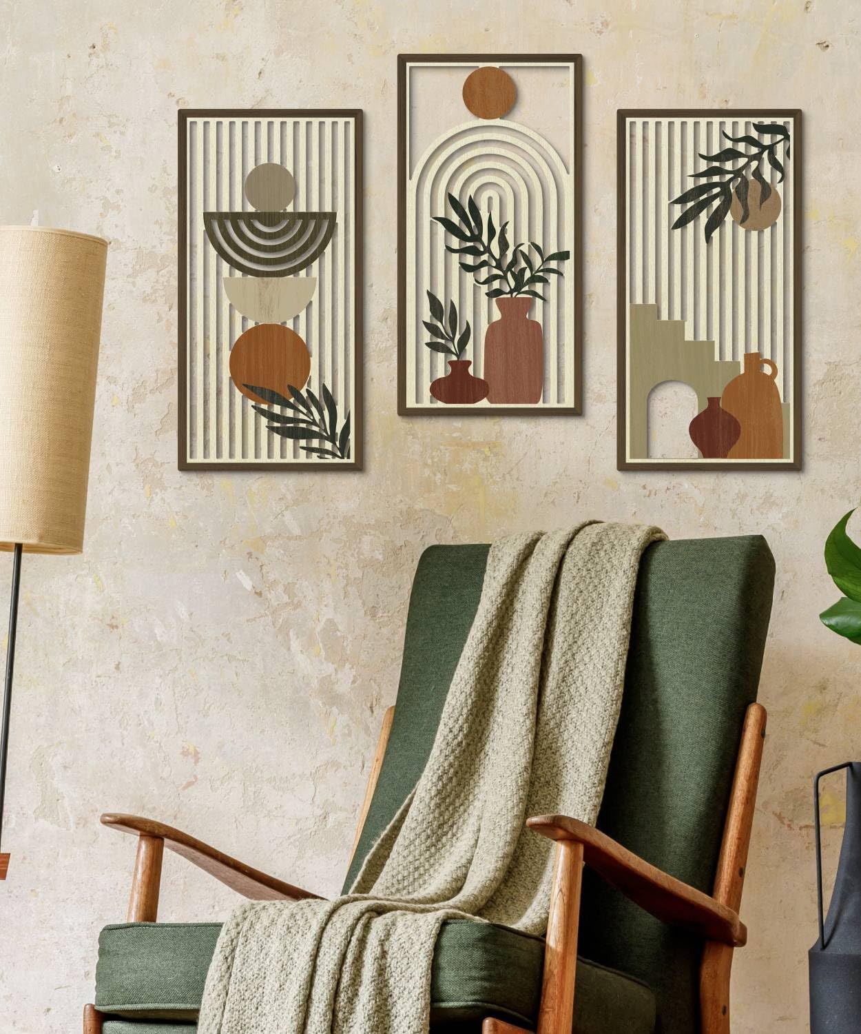 Putuo Decor Boho Wall Art Set of 3, Abstract Geometric Wooden Wall Decor, Mid-Century Modern Aesthetic Artwork with Arch, Vase & Botanical Design for Living Room, Bedroom, Office, 16.5 x 8.6 Inch