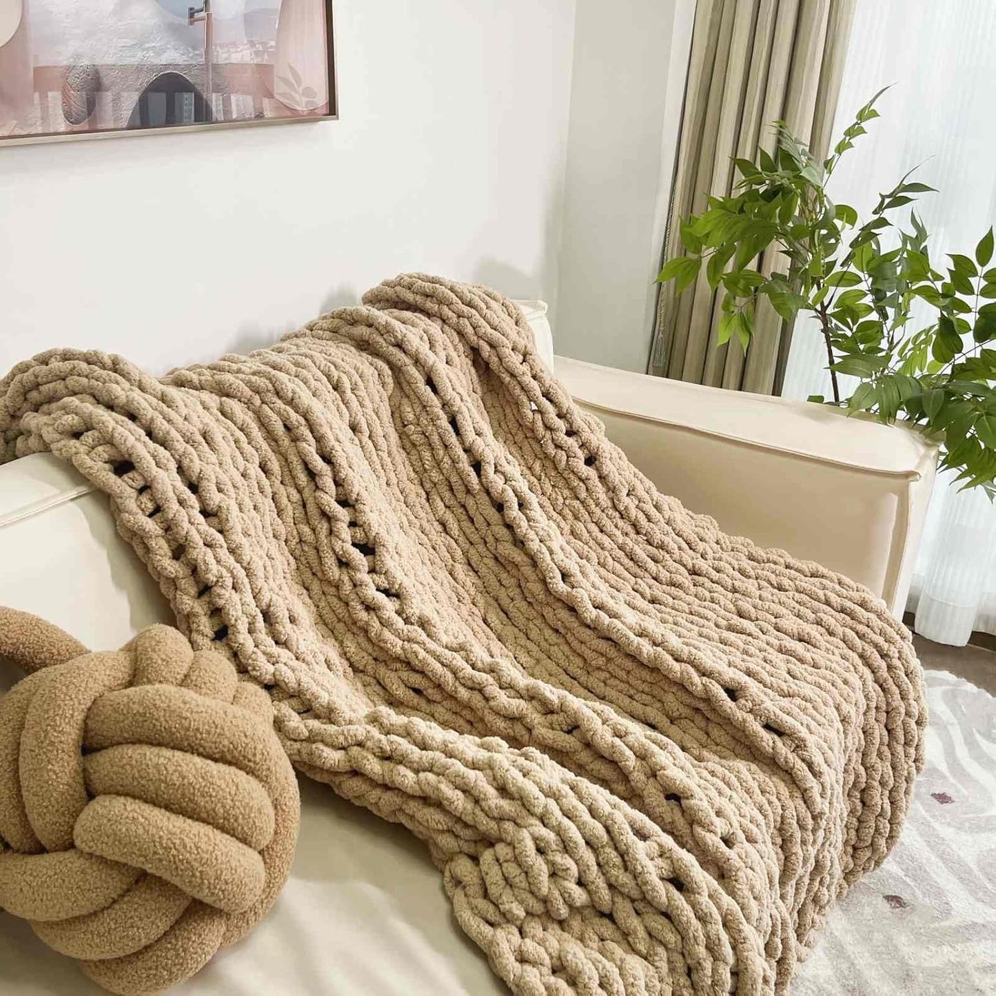 Chunky Knit Blanket Throw 40"x60", Chenille Throw Blankets, Handmade Warm & Cozy Blanket Couch Bed Home Decor, Soft Breathable Fleece Banket, Christmas for Couch Bed Sofa Best Gift (Tan)
