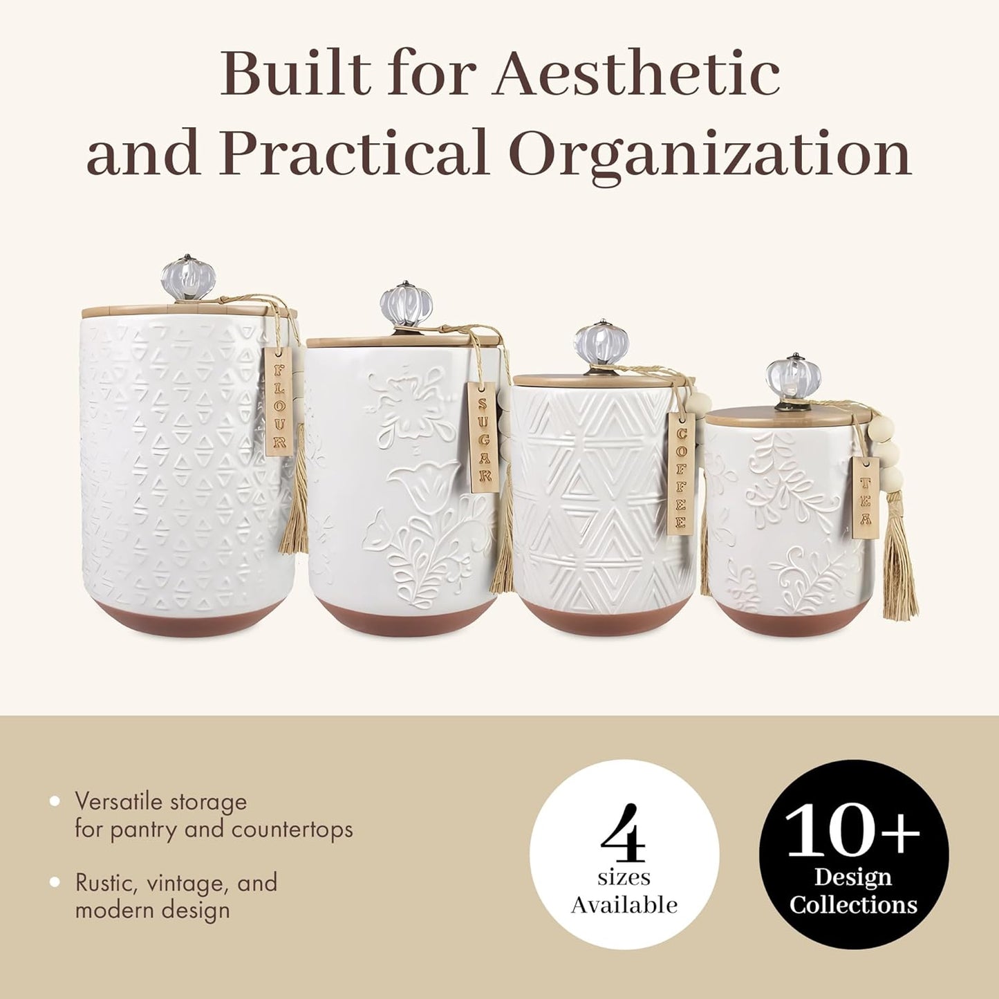 Youngs 21207 Ceramic Canister with Wood Lid and Silicon Seal, Crystal Knob and Blessing Bead Tassel Accent, 4-piece Set