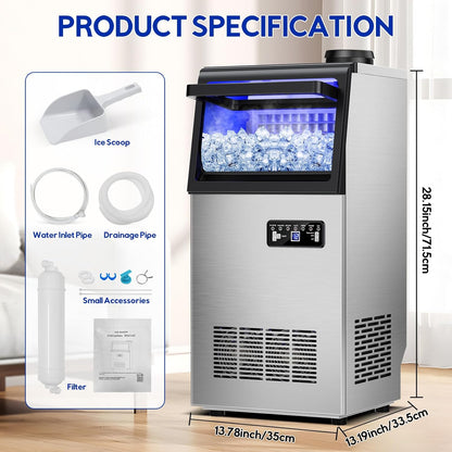 Commercial Ice Maker Machine, 110Lbs/24H, 30Lbs Storage, 36Pcs Clear Ice Cubes in 10-15Mins, Stainless Steel Under Counter or Freestanding Ice Machine - 2 Water Inlet Modes, for Home Party Office