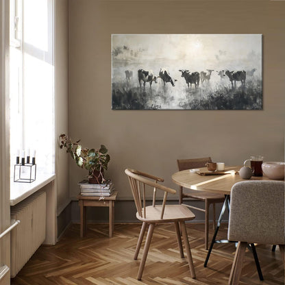 LASMOND Black and White Cow Wall Art for Living Room Ink Wash Canvas Painting Prints Morning Cattle Vintage Country Farmhouse Artwork Bedroom Office Decor (30x16 Inches)