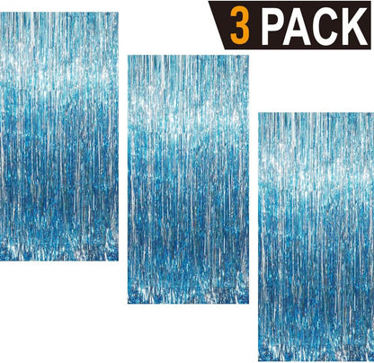 GOER 3.2 ft x 9.8 ft Metallic Tinsel Foil Fringe Curtains Party Photo Backdrop Party Streamers for Birthday,Graduation,New Year Eve Decorations Wedding Decor (Light Blue,3 pcs)