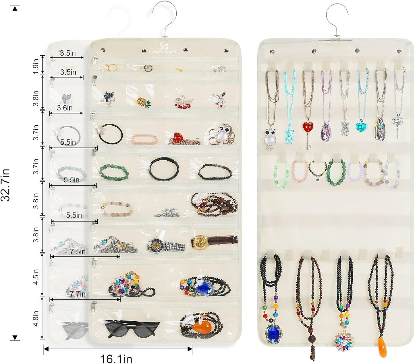 Freegrace Hanging Jewelry Organizer Revolving Hanger - Secure Zipper Closure - 25 Pockets,23 Hooks - Foldable Storage & Display Solution - For All Jewelry & Bijoux (Beige)