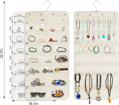 Freegrace Hanging Jewelry Organizer Revolving Hanger - Secure Zipper Closure - 25 Pockets,23 Hooks - Foldable Storage & Display Solution - For All Jewelry & Bijoux (Beige)