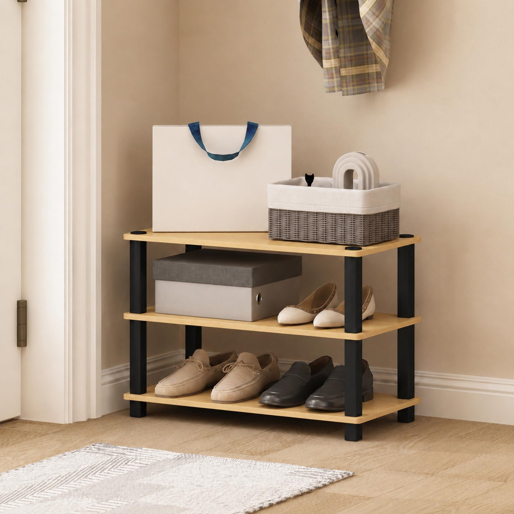 Furinno Turn-S-Tube 3-Tier Shoe Rack, Light Cherry/Black