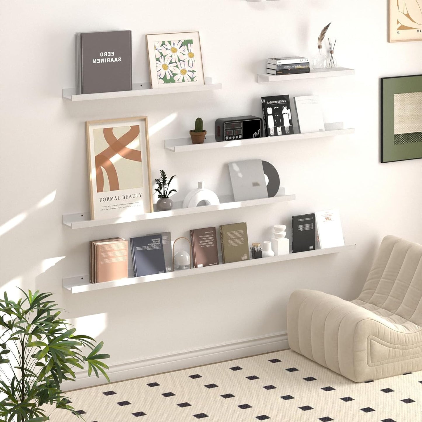 SAUMONIERES Picture Ledge Shelf Floating Book Shelves Set of 2 Wall Mounted Solid Wood for Bedroom Bathroom Living Room Kitchen, 72 Inch White