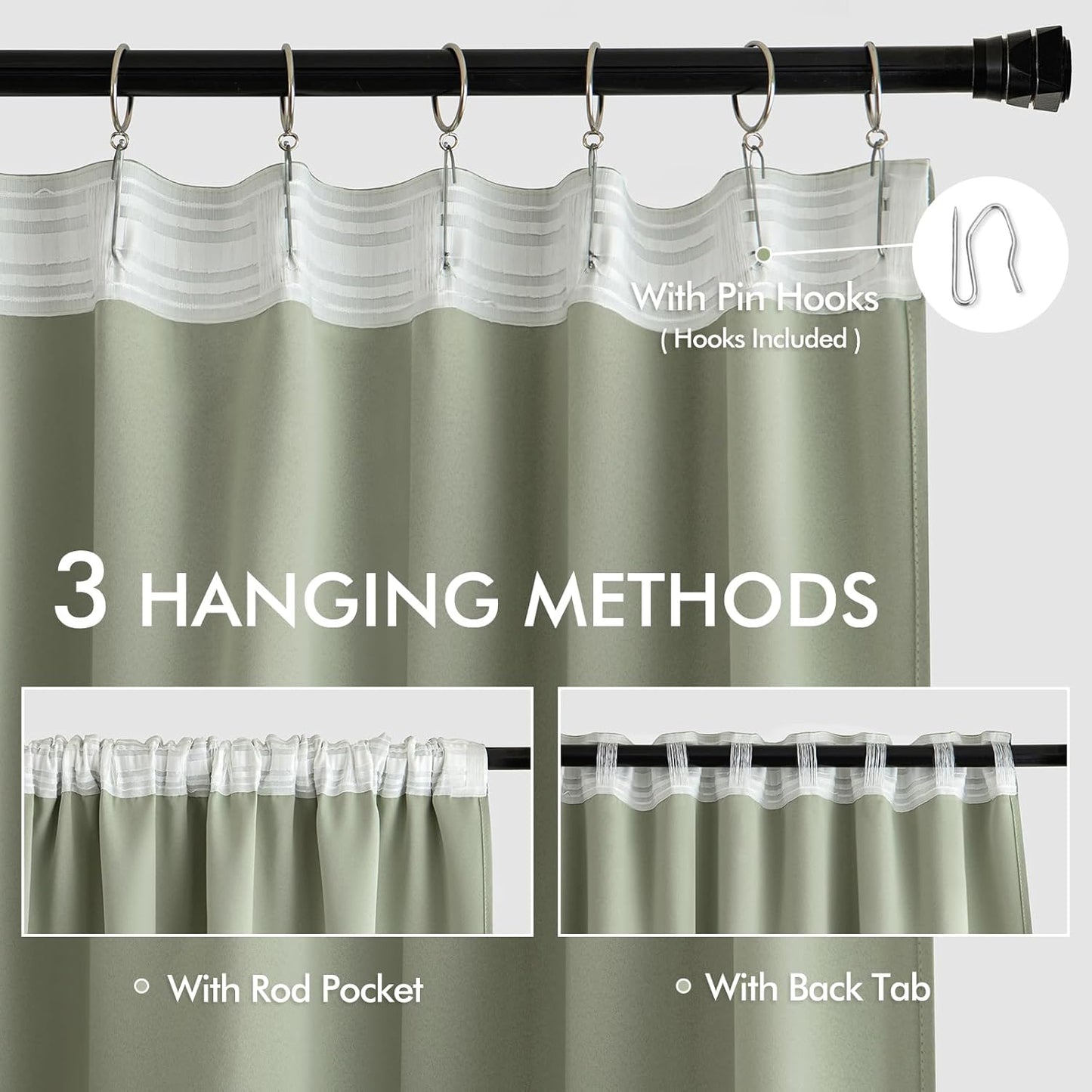 MIULEE Sage Green Back Tab Blackout Curtains 72 Inch Length 2 Panels Set for Living Room Bedroom Privacy, Rod Pocket/Pinch Pleat Thermal Insulated Room Darkening Pleated Light Blocking Drapes