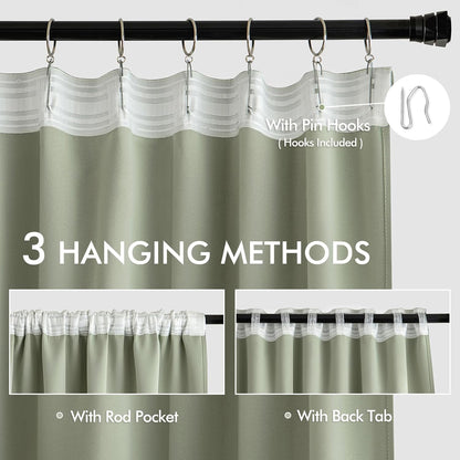 MIULEE Back Tab Sage Green Curtains 96 Inch Long 2 Panels Set for Living Room Bedroom, Rod Pocket/Pinch Pleated Light Blocking Thermal Insulated Room Darkening Floor to Ceiling Blackout Drapes