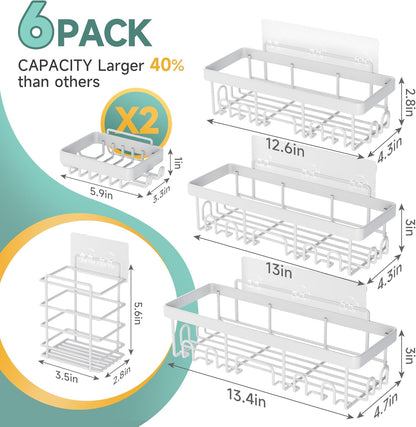 Veken 6-Pack Rustproof Waterproof Shower Caddy, Adhesive Shelves Rack with Soap Holder, Large Bathroom & Washroom Organizer, No Drilling Wall-Mounted Kitchen & Home Decor, Ideal for Bathtub Storage