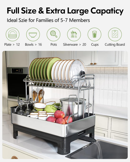 BOOSINY Extra Large Stainless Steel Dish Drying Rack, 2 Tier Dish Racks for Kitchen Counter, Dish Drainer with Drainboard Set, Full Size Dish Dryer Rack with Utensil Holder, Black