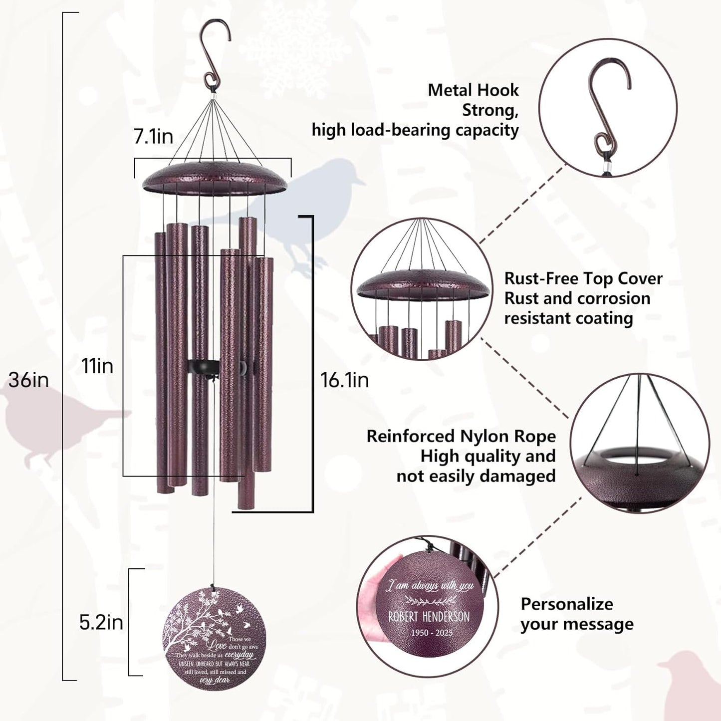 ASTARIN 36" Deep Tone Personalized Wind Chime Memorial, Tree of Life Custom Sympathy Gifts for Loss of Mom/Dad, Bird Remembrance Wind Chimes for Grieving Funeral Condolences(Produced in USA)