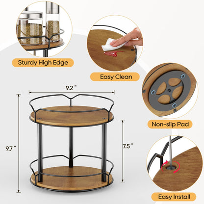 Lazy Susan Organizer 2 Tier - Turntable Spice Rack for Table Top, Wooden Rotating Lazy Susan for Cabinet Pantry Kitchen Countertop Dining Table Cupboard Bathroom Vanity Storage