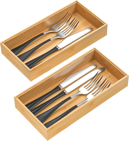 Silverware Tray for Drawer, Stackable Kitchen Bamboo Drawer Organizer 12" x 6" x 2" Set of 2