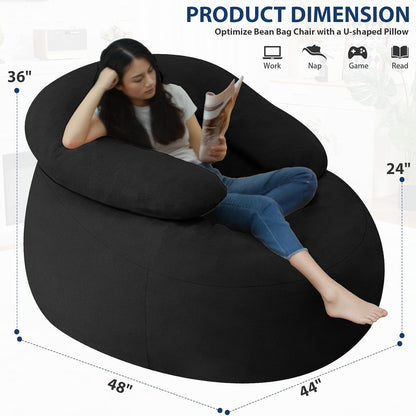 HABUTWAY Bean Bag Chair with U-Shaped Pillow for Adult and Kids Big BeanBag Chair with Filling Ultra Soft Teddy Fleece Couch Chair with Washable Cover for Living Room Bedroom Office, Black & Black