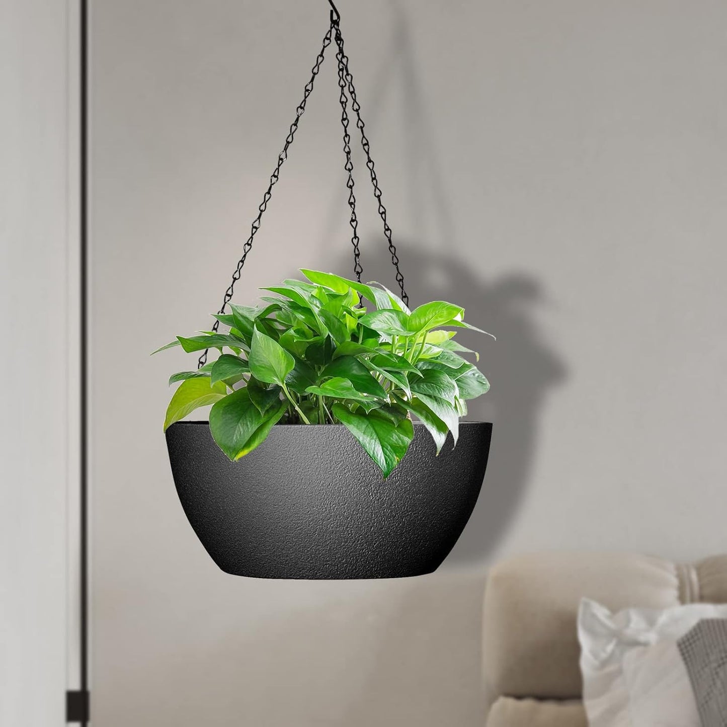 13 inch Large Hanging Planters Plant Pots for Outdoor Indoor Plants with Drainage Holes and Chain, 2 Pack Round Hanging Flower Pots for Garden Home Porch Decor, Black