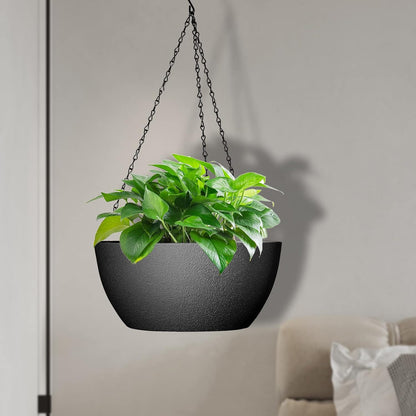 13 inch Large Hanging Planters Plant Pots for Outdoor Indoor Plants with Drainage Holes and Chain, 2 Pack Round Hanging Flower Pots for Garden Home Porch Decor, Black