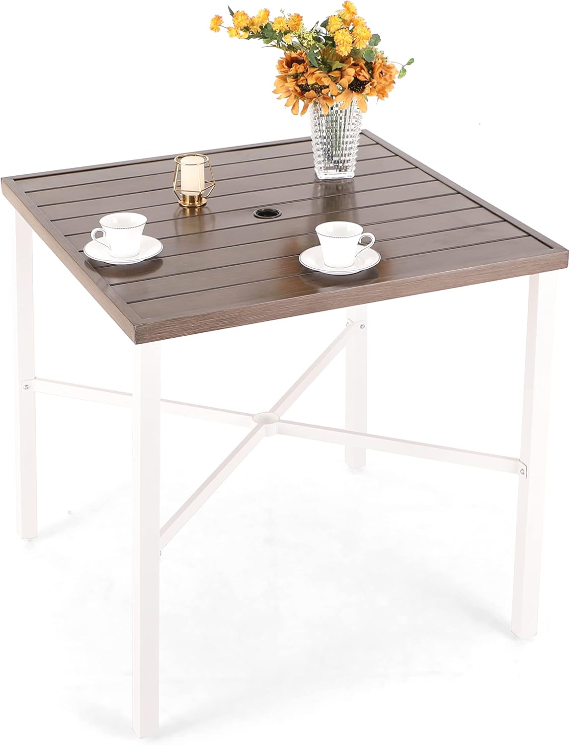 PHI VILLA Outdoor Bar Table, High Patio Table with Umbrella Hole, White Legs, Metal Frame, Sturdy & Durable for Outdoor & Indoor