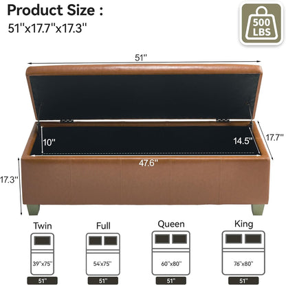 51" Faux Leather Storage Ottoman, Stitch Tufted Rectangle Upholstered End of Bed Storage Bench, Entryway Large Couch Ottoman with Wooden Legs, Light Brown