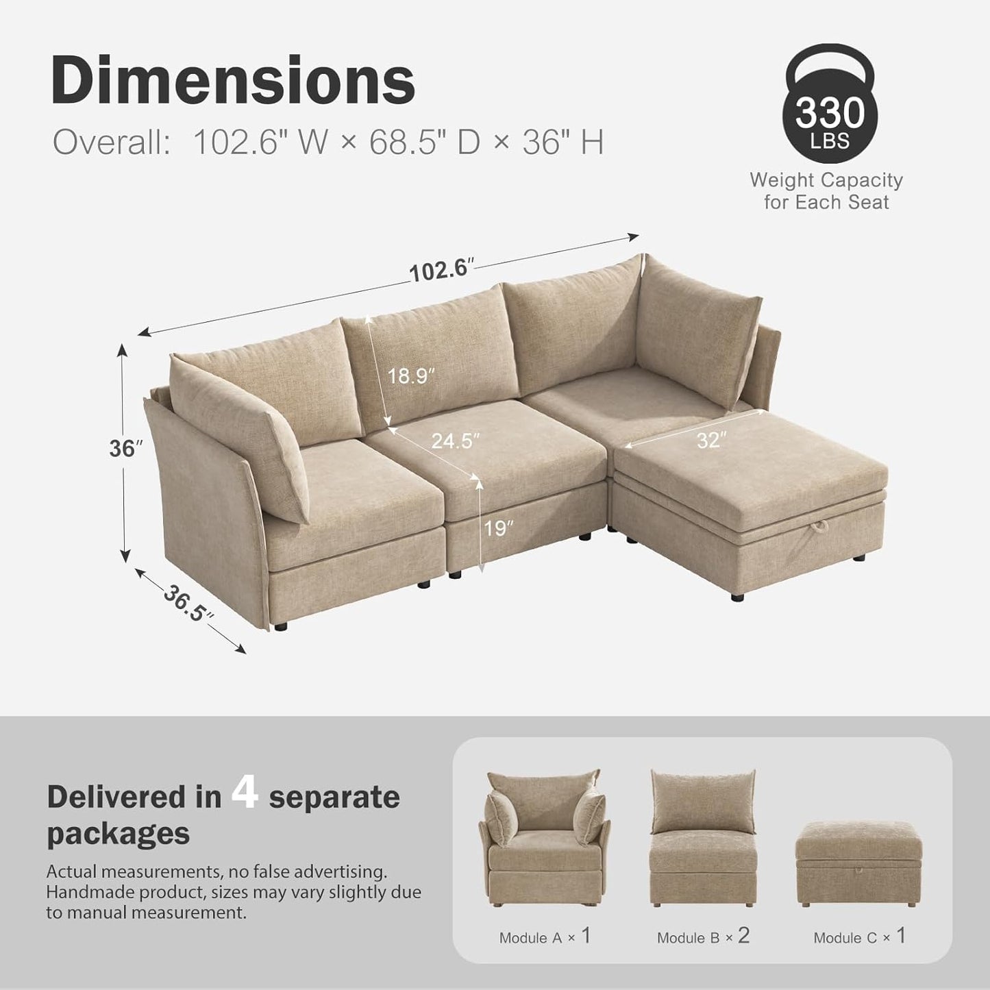 102.6" Modular Sectional Sofa, L Shaped Couch Set for Living Room, 3-Seater Comfy Cloud Couches with Movable Storage Ottoman,DIY Combination - Chenille Beige