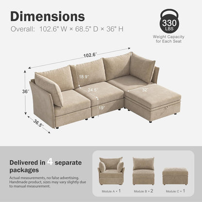 102.6" Modular Sectional Sofa, L Shaped Couch Set for Living Room, 3-Seater Comfy Cloud Couches with Movable Storage Ottoman,DIY Combination - Chenille Beige