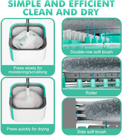 Upgraded Spin Mop and Bucket Set Self-Standing Mop Bucket Separate Dirty and Clean Water System Self Wringing 360° Rotating 90° Foldabl Mops and Buckets for Floor Cleaning (Blue, 6Pads)