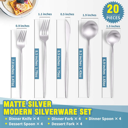 Matte Silverware Set for 4,Modern Stainless Steel Brushed Cutlery Set,20-Pieces Heavy Duty Flatware Set,Knives Spoons and Forks Set Utensils Set, Satin Finish, Dishwasher Safe