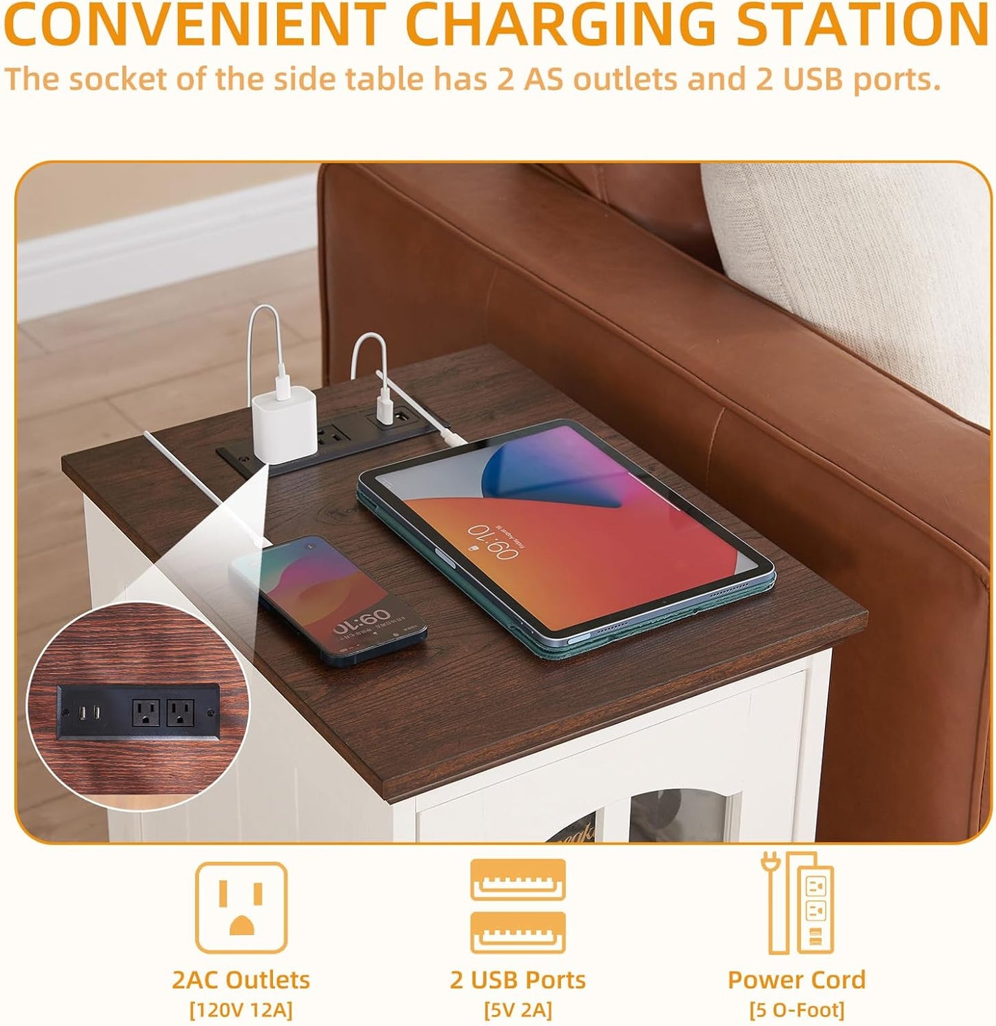 Narrow Side Table,Farmhouse Nightstand with Charging Station,Wood End Table with Glass Barn Door Storage, Cabinet Organizer with Adjustable Shelf, Night Stand for Small Spaces for Living Room Bedroom