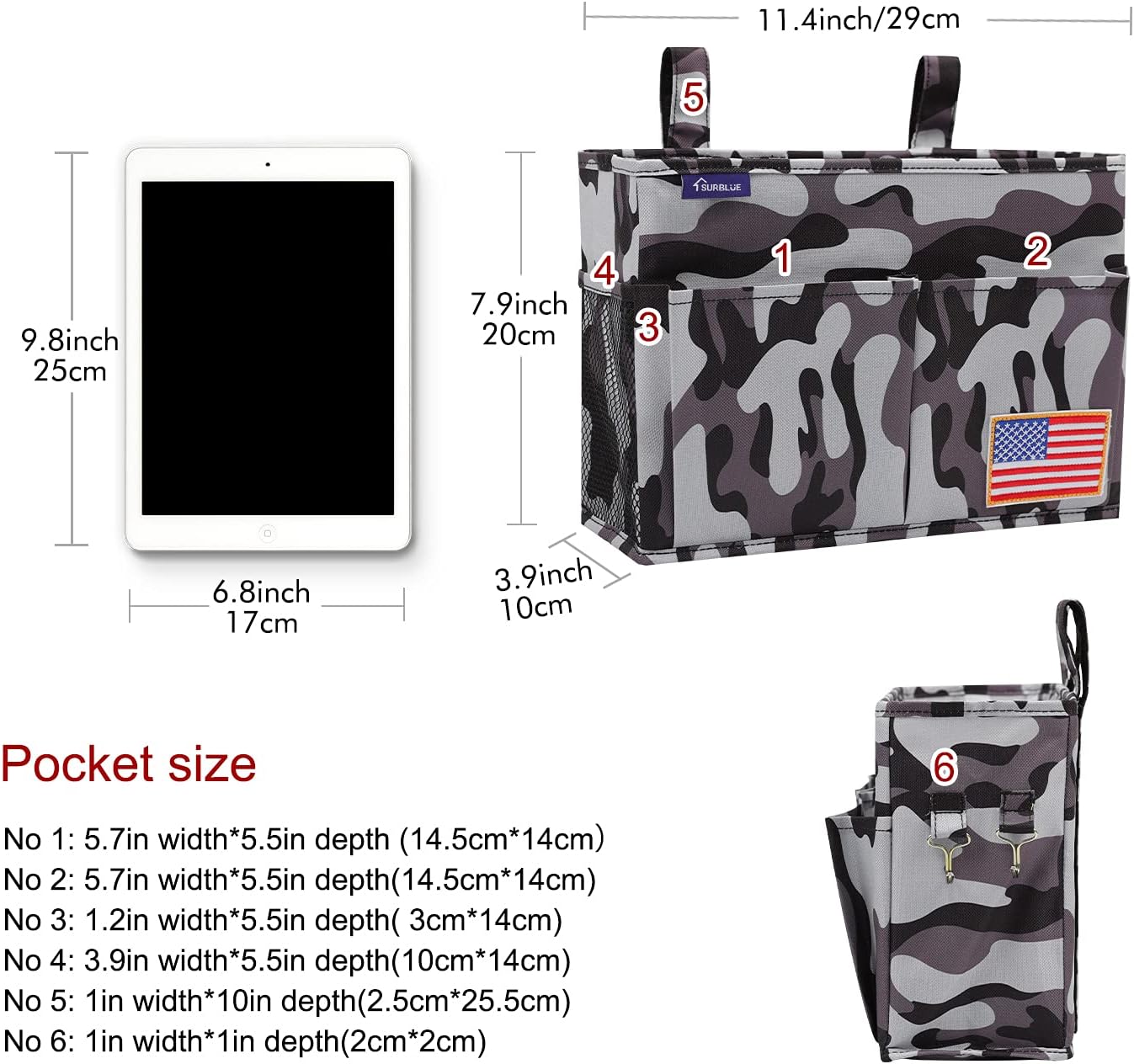 Surblue Bedside Caddy Hanging Bed Organizer Storage Bag Pocket for Bunk and Hospital Beds, College Dorm Rooms Baby Bed Rails, Wheelchair Side Bag, Camp Chiars, 4 Pockets and 2 Hooks (Small City)