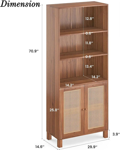 Tall Bookshelf, 5-Tier Book Shelf with 2 Rattan Doors, Freestanding Bookcase Display Shelves with Large Storage, Book Case for Living Room, Office, Study, Bedroom, 70.9 Inch