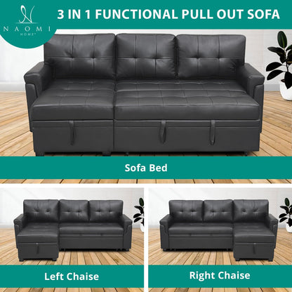 Naomi Home Jenny Sectional Sofa Sleeper with Storage Chaise, Tufted Pull Out Couch with Storage, L-Shaped Reversible Sleeper Sofa with Storage, Black,Air Leather