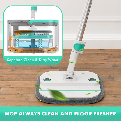 Upgraded Spin Mop and Bucket Self-Standing Mop Bucket Separate Dirty and Clean Water System Self Wringing 360° Rotating & 90° Foldabl Mops and Buckets for Floor Cleaning (Blue, 10Pads)