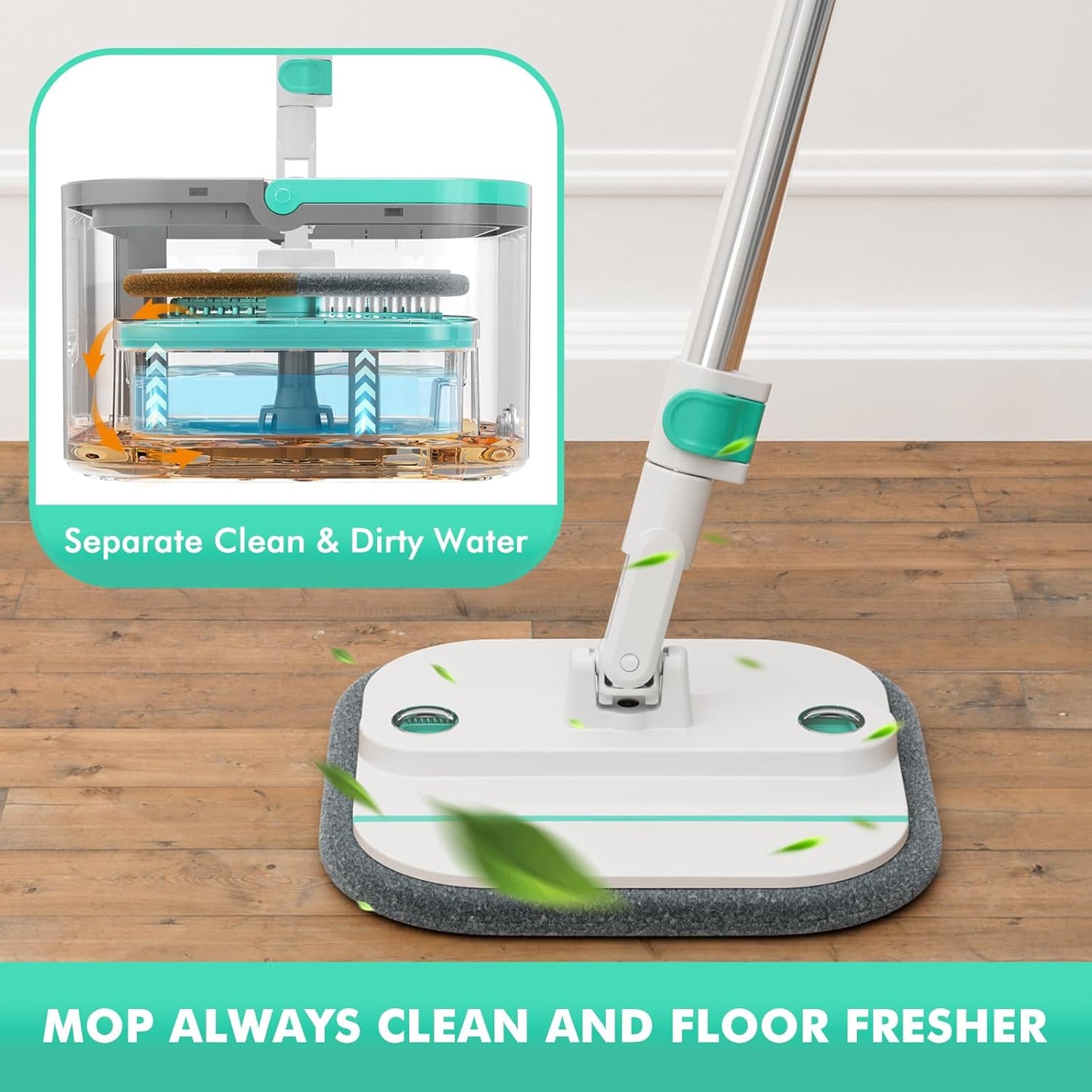 Upgraded Spin Mop and Bucket Set Self-Standing Mop Bucket Separate Dirty and Clean Water System Self Wringing 360° Rotating 90° Foldabl Mops and Buckets for Floor Cleaning (Blue, 6Pads)