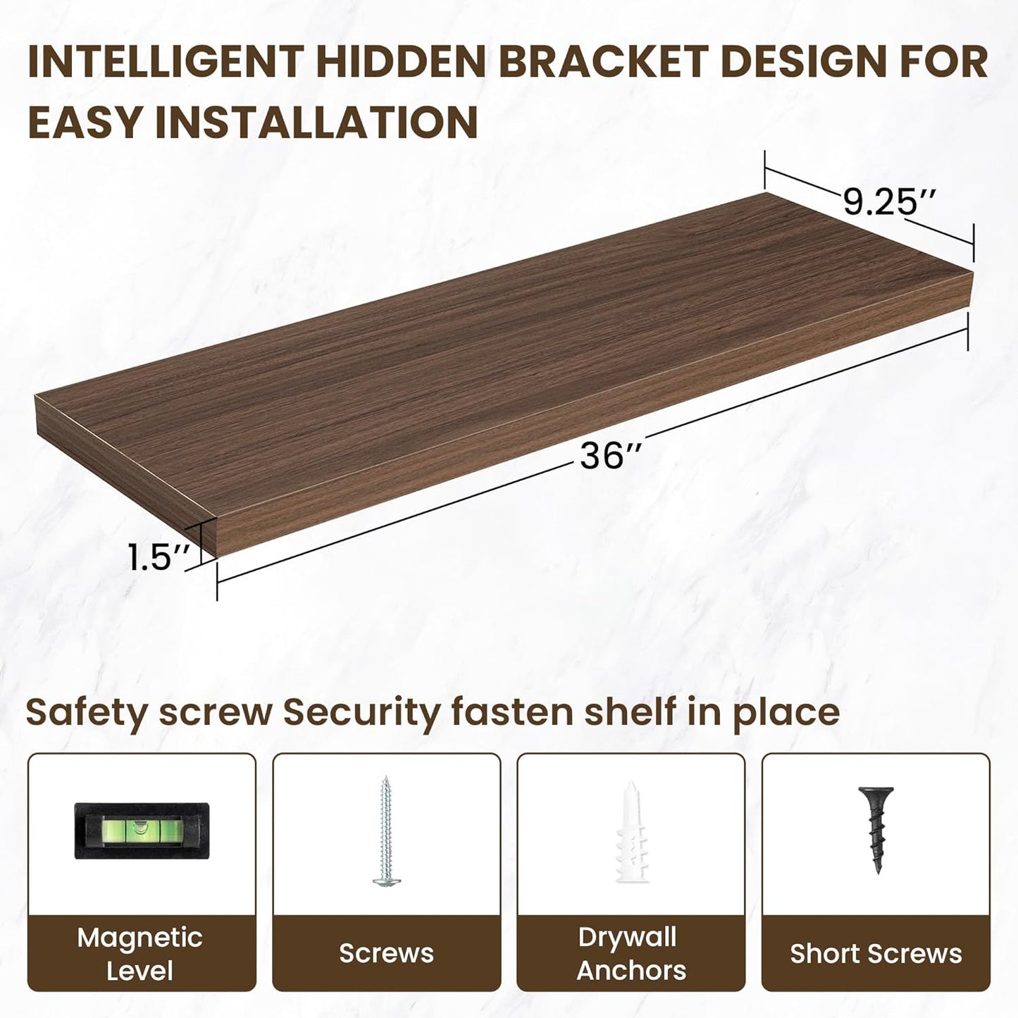 36 Inch Floating Shelves, 12 Inch Deep Floating Shelves for Wall, Floating Shelf with Invisible Brackets, Deep Shelves for Bathroom, Bedroom, Living Room, 2 Pack, Walnut