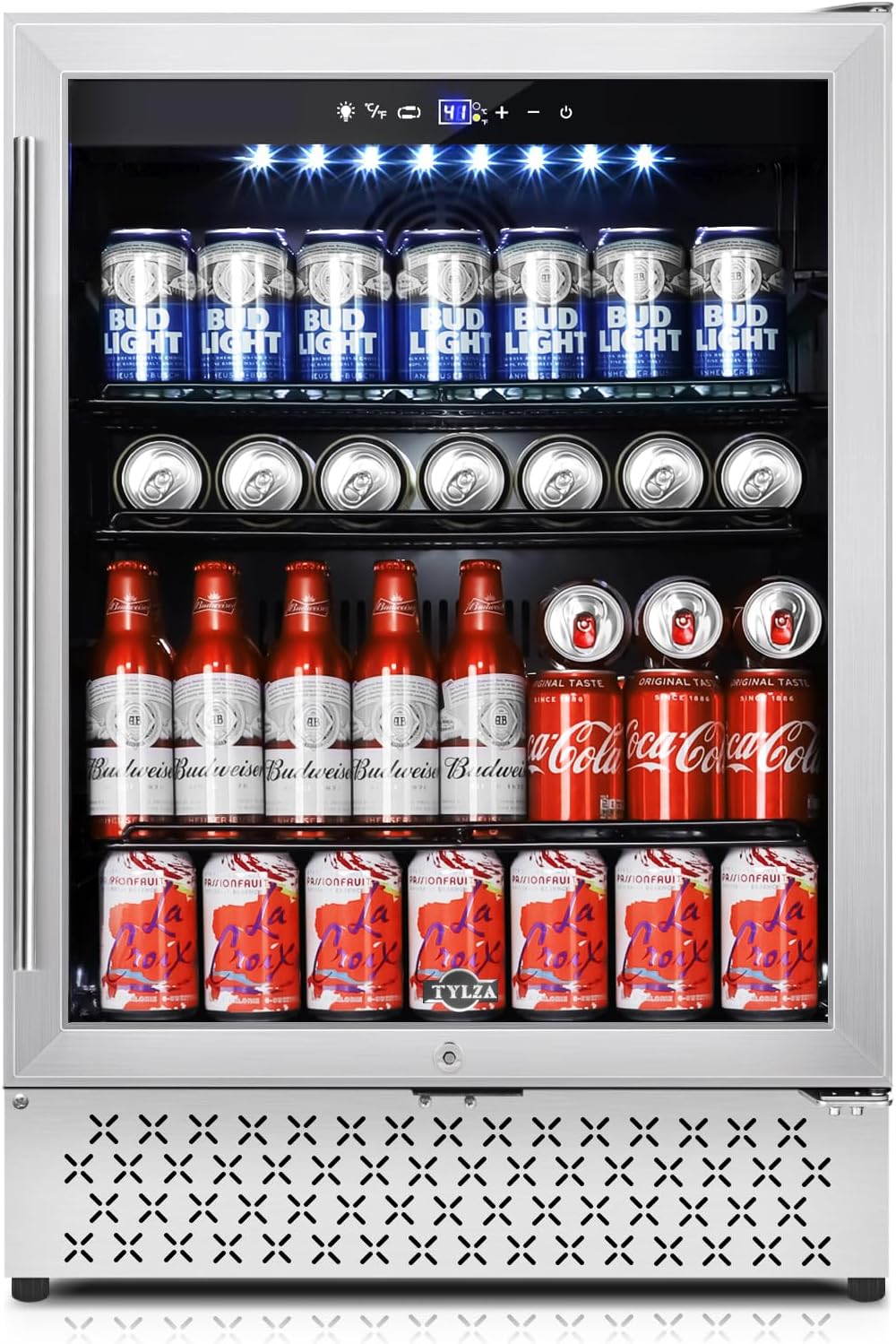 Tylza 24 Inch Beverage Refrigerator, 190 Can Capacity, Glass Door, Advanced Cooling Tech, Ideal for Beer, Soda, or Wine, Quiet Operation
