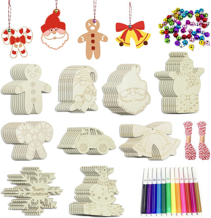 Wooden Christmas Ornaments, 176 PCS Unfinished Predrilled Wood Ornaments Set with 72 Blank Wood Slices in 9 Styles, 90 Bells and 12 Color Pens for Kids DIY Crafts and Christmas Hanging Decoration, A