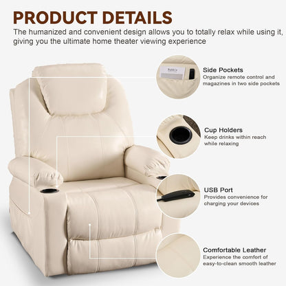 SALOHZA Power Lift Recliner Chair for Elderly with Massage and Heat for Living Room, Electric Recliner Chair for Adults with USB/Type C Port/Cup Holders, PU Faux Leather, Cream White