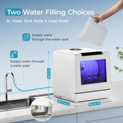 EUHOMY Portable Dishwasher Countertop Dishwashers, 8 Programs Mini Dishwasher, 5L Built-in Water Tank and Inlet hose, Self Clean, Baby Care, Air Dry Function, for Apartments & RVs, No Hookup Needed