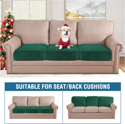 H.VERSAILTEX Velvet Stretch Couch Cushion Cover Plush Cushion Slipcover for Sofa Cushion Furniture Protector Seat Cushion Sofa Cover (3 Piece Sofa Cushion Covers, Vintage Green)