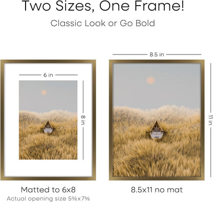 Homeforia 8.5x11 Picture Frame Bronze, High End Metal Brass Frame 8.5 x 11 with Mat 6 by 8 Photo, 11x8.5 Frames Matted to 6x8 Print, 8.5by11 Wall or Tabletop Frames, Tempered Glass, Wall Kit, Set of 1
