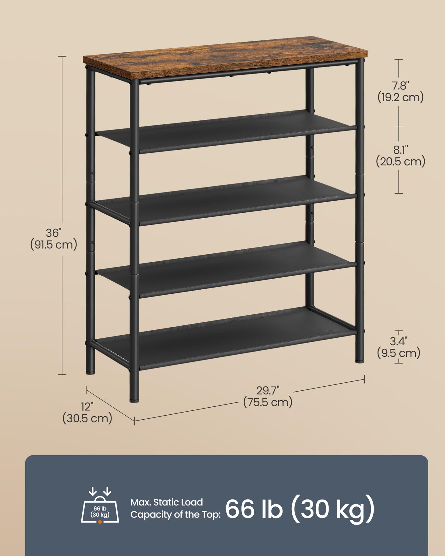 SONGMICS HOME 5-Tier Shoe Rack, Free Standing Shoe Storage Organizer, 12 x 29.7 x 36 Inches, Metal