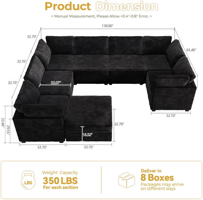 HOOOWOOO Modular Sectional Sofa,8 Pieces Sectional Couches for Living Room,131X98 G Shaped Cloud Couch with Ottoman Chaise(Black Velvet Corduroy)