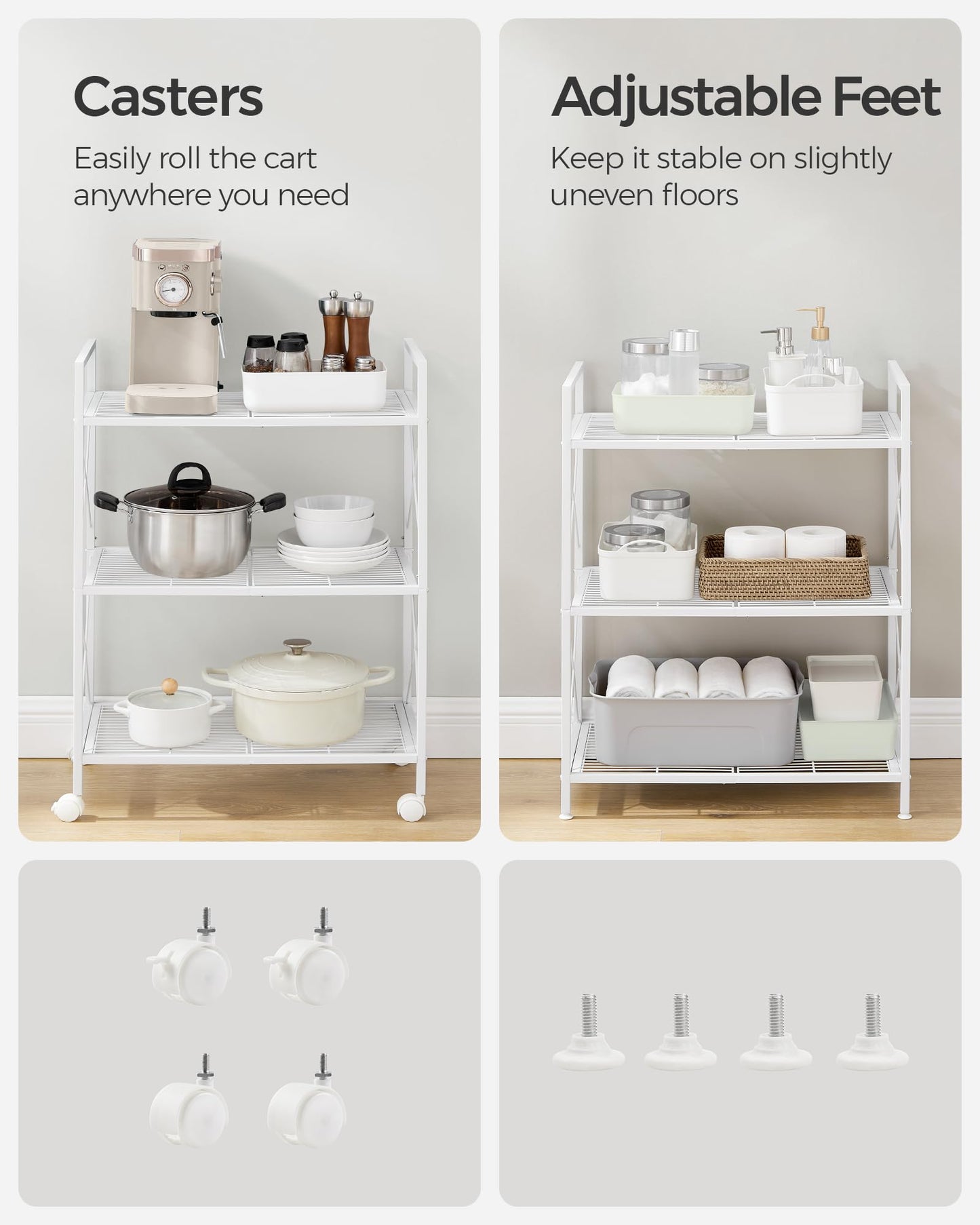 SONGMICS 3-Tier Metal Storage Rack with Wheels, Mesh Shelving Unit with X Side Frames, 23.6-Inch