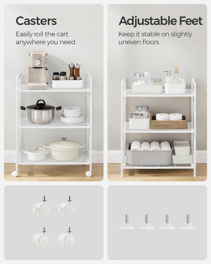 SONGMICS 3-Tier Metal Storage Rack with Wheels, Mesh Shelving Unit with X Side Frames, 23.6-Inch