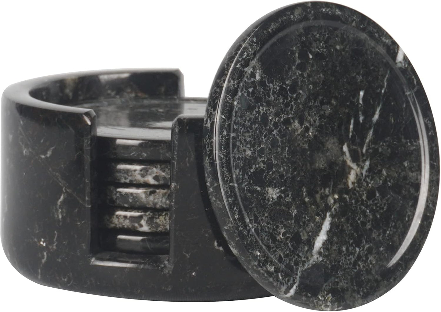 Marble Coasters Set of 6 Black 3.5 Inch Round Coaster for Drinks with Holder, Drink Coaster for Tabletop & Coffee Table Decor, Ideal Home Decor House Warming Gifts