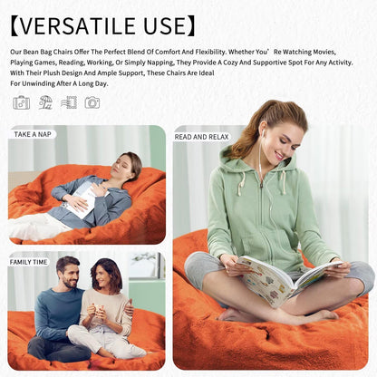 Bean Bag Chair for Adults 6FT,Soft Removable Cover for Teens/Girls Bedroom,Fluffy Giant Round Floor Beanbag Lounger Chairs (No Filler,Orange)