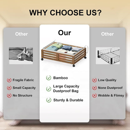 Under Bed Storage with Wheels-Large Bamboo Underbed storage Containers with Large Dust Bag Stackable Under the Bed Shoe Storage Bins for Clothes Books Bedding (2 Packs walnut, 23.62"L×16.54"W× 6.51"H)