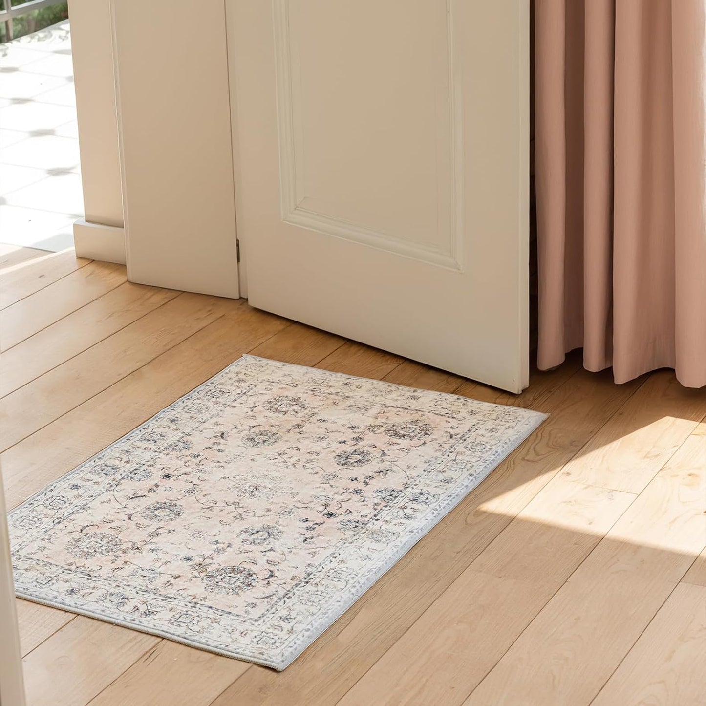 2'x3' Vintage Floral Rug - Persian Inspired Low-Pile Faux Wool Area Rug, Non-Slip Washable Small Rug for Bedroom, Nursery, Dorm, Soft Pink Boho Chic Decor